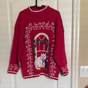Vtg Spunky Made in USA Fuchsia Crewneck Sweater with White Cat Window Motif